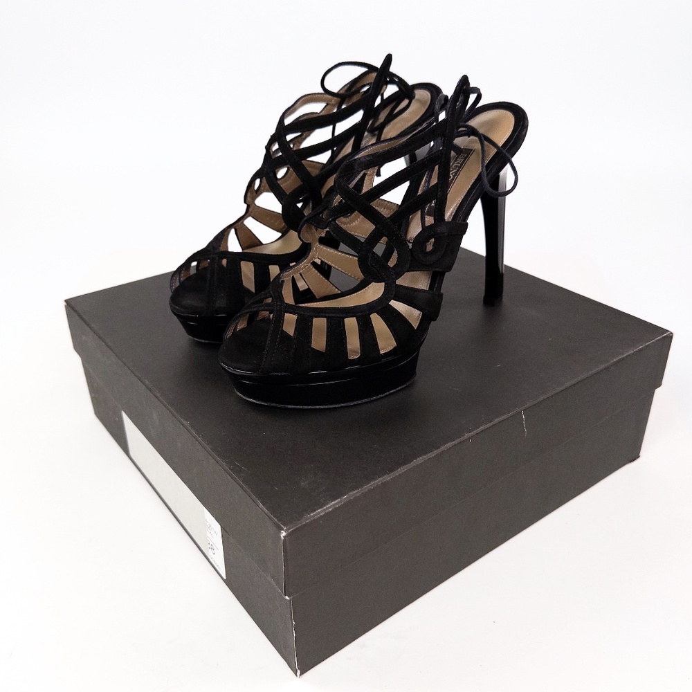 Bruno Magli Empress Black Suede Lace-Up Platform Heels Sandals Sz 38 w/ Box - Picture 2 of 11